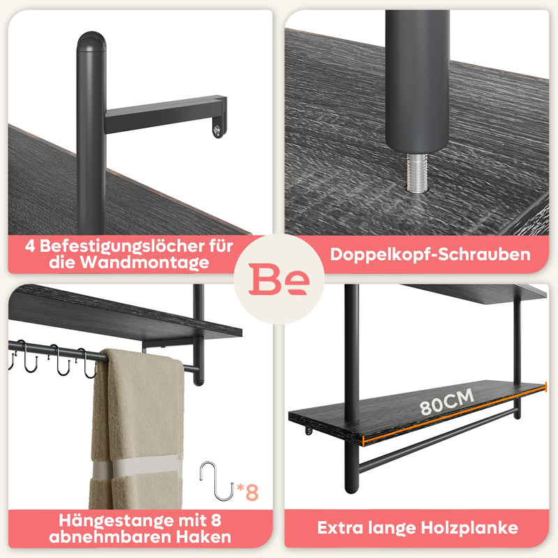 Bestier 3 Tier Floating Pipe Shelving 105.5CM Industrial Wall Mounted Ladder Shelf Hanging with Circular Tube with Hooks Wood Display Storage Home Decor Book Shelves