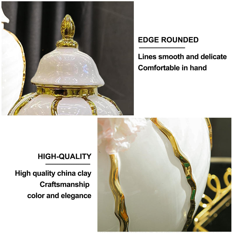 Ginger Jar, White Gold Ceramic Vase Large Handmade Porcelain Vases with Lid, White Gold Decorative Flower Vase for Home, Living Room, Weddings, Centerpieces (36cm)
