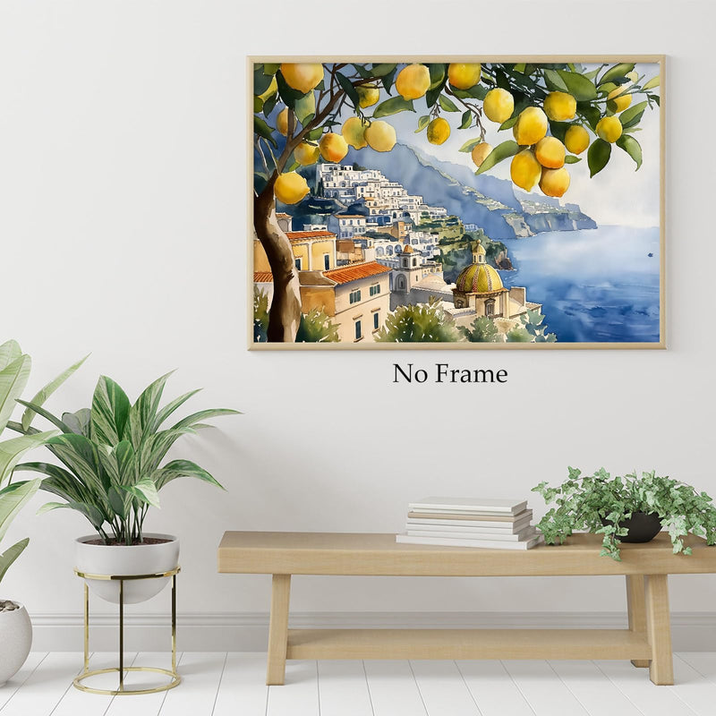 Lemon Tree Canvas Wall Art Beach Landscape Painting Italian Coastal Wall Art Vintage Lemon Art Print Italian Beach Picture Seaside Artwork for Walls Italy Amalfi Coast Wall Art 16x24inch No Frame