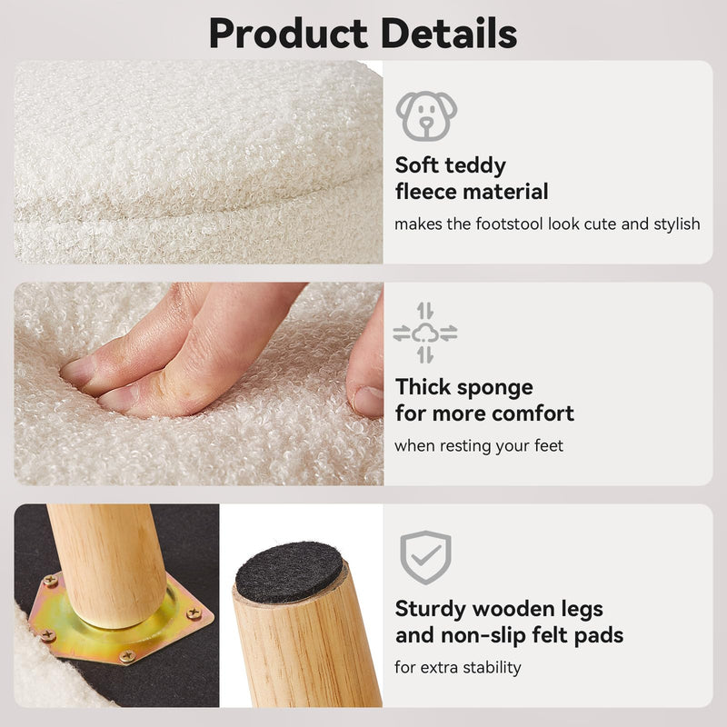 IBUYKE 13 Inch Small Footstool Ottoman with Storage, Round Pouffe Foot Rest with Padded Seat and Wood Legs, Teddy Velvet Mini Footstool for Living Room Couch Bedroom Entryway, Pink WBD006P
