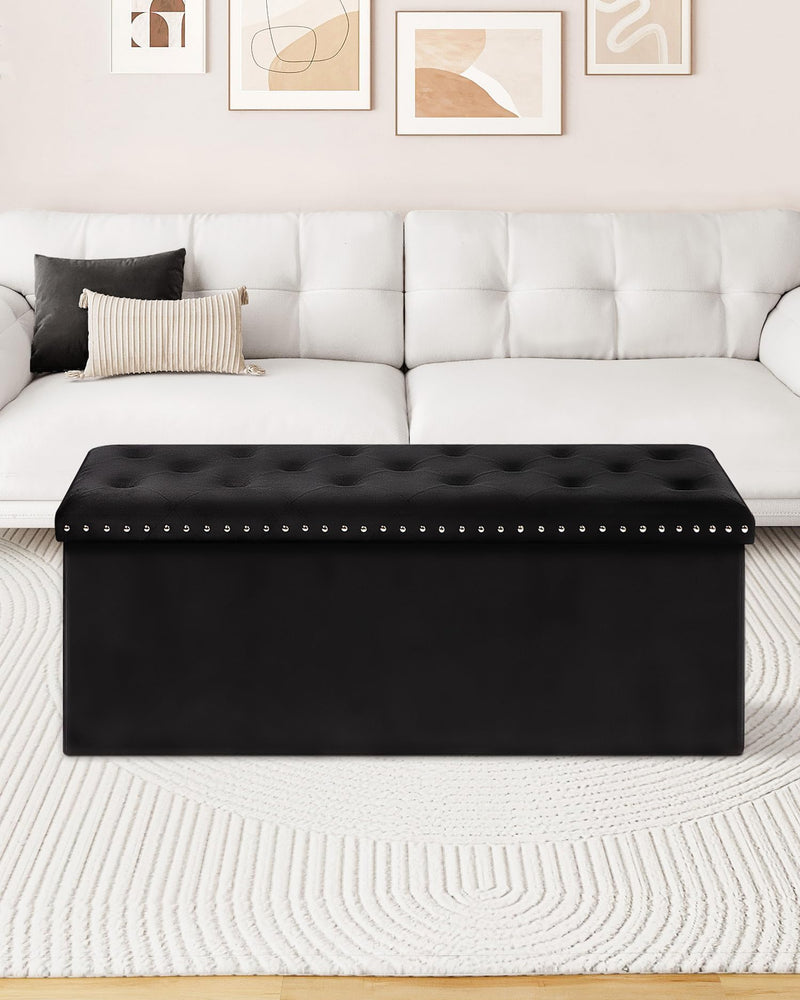 Bonlife Velvet Ottoman with Storage, Extra Large Storage Boxes with Lids, Folding Ottoman Bench Seat, Footstool for Living Room,110X40X40cm