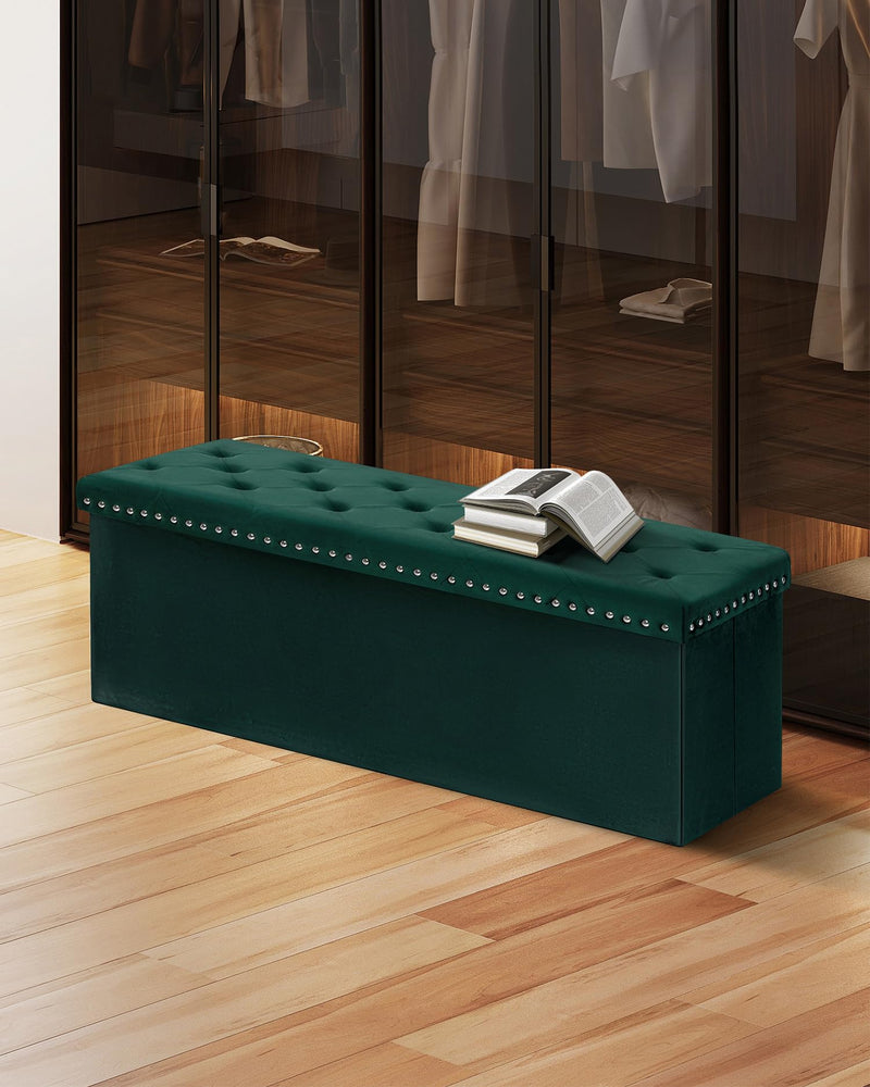 Bonlife Velvet Ottoman with Storage, Extra Large Storage Boxes with Lids, Folding Ottoman Bench Seat, Footstool for Living Room,110X40X40cm
