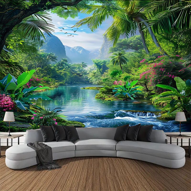 FENDROM Nature Flora Tapestry King Size background, Blue Sky White Cloud Village Small Town by European Pastoral Scenery, Wall Hanging for Bedroom Living room