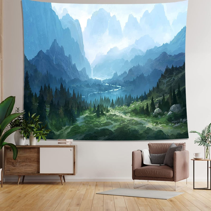 FENDROM Nature Flora Tapestry King Size background, Blue Sky White Cloud Village Small Town by European Pastoral Scenery, Wall Hanging for Bedroom Living room