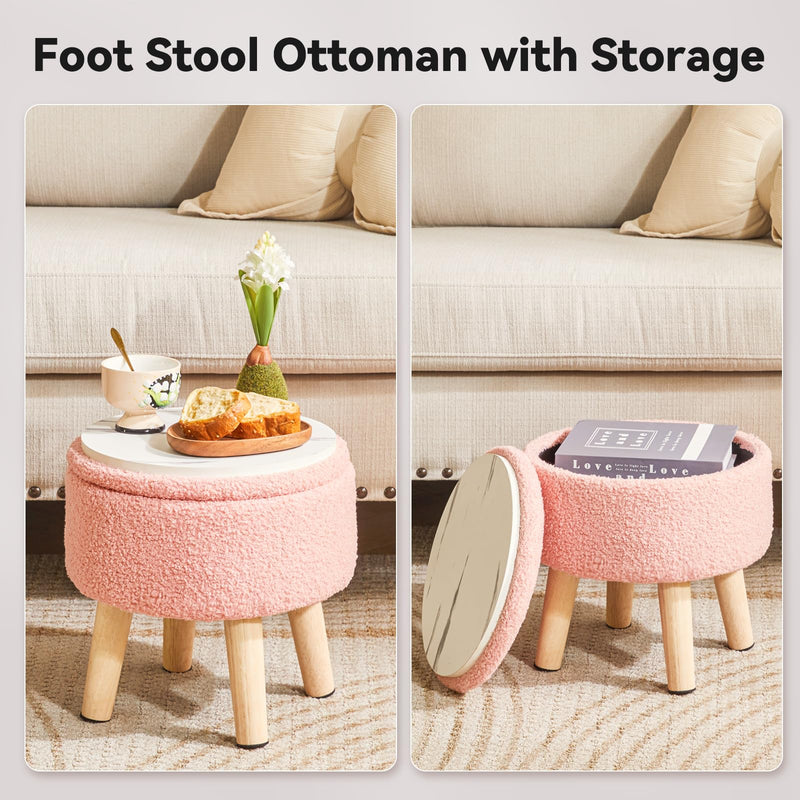 IBUYKE 13 Inch Small Footstool Ottoman with Storage, Round Pouffe Foot Rest with Padded Seat and Wood Legs, Teddy Velvet Mini Footstool for Living Room Couch Bedroom Entryway, Pink WBD006P
