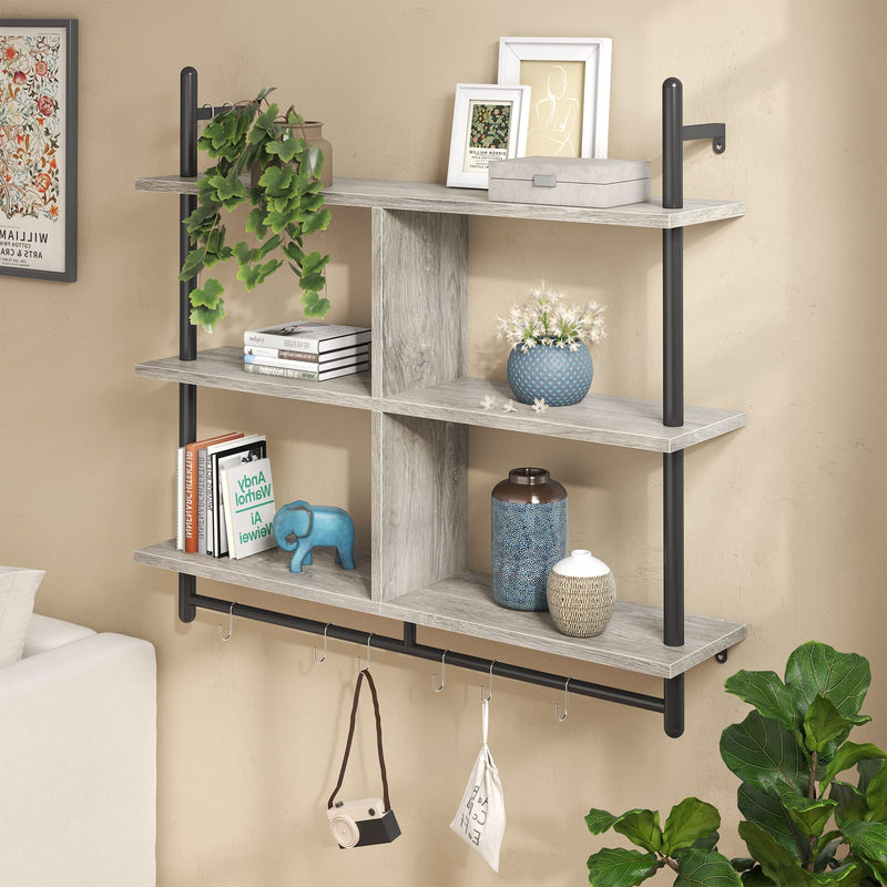 Bestier 3 Tier Floating Pipe Shelving 105.5CM Industrial Wall Mounted Ladder Shelf Hanging with Circular Tube with Hooks Wood Display Storage Home Decor Book Shelves