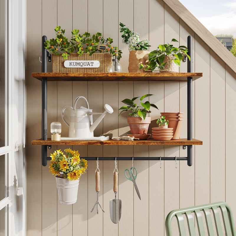 Bestier 3 Tier Floating Pipe Shelving 105.5CM Industrial Wall Mounted Ladder Shelf Hanging with Circular Tube with Hooks Wood Display Storage Home Decor Book Shelves