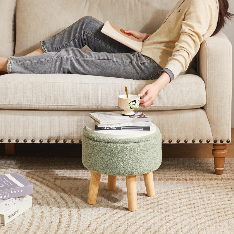 IBUYKE 13 Inch Small Footstool Ottoman with Storage, Round Pouffe Foot Rest with Padded Seat and Wood Legs, Teddy Velvet Mini Footstool for Living Room Couch Bedroom Entryway, Pink WBD006P