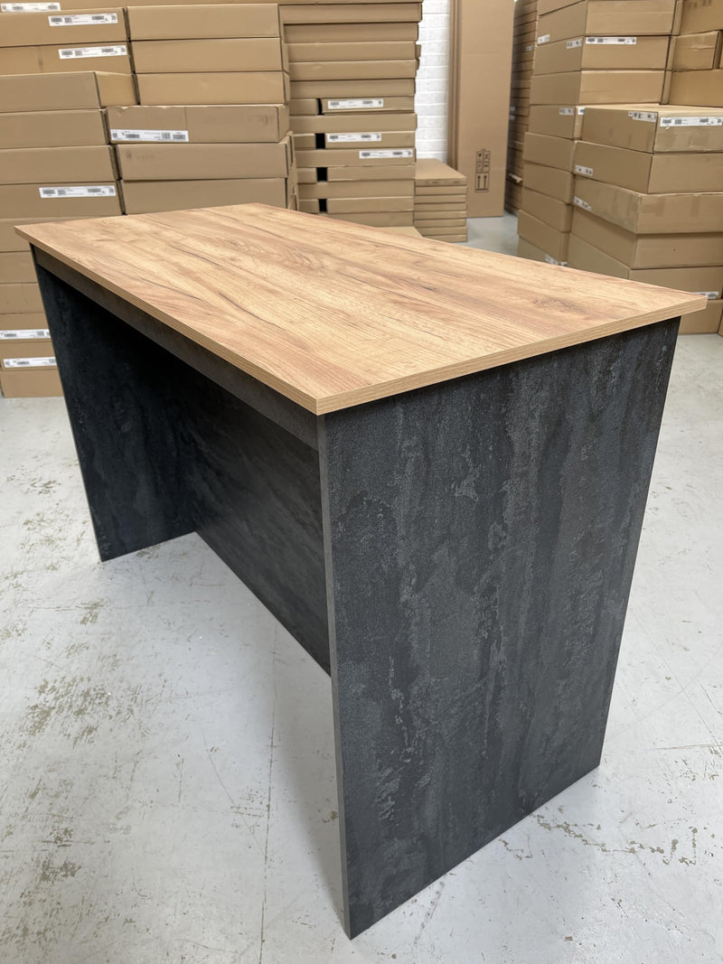 Furneo Kitchen Island 04 – Modern Kitchen Island with Breakfast Bar and Shelves, Black Concrete & Oak Effect Finish