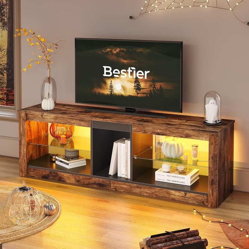 Bestier TV Stand Cabinet 140CM Entertainment Center Led Tv Stand Modern TV Unit with Glass Shelf RGB LED Lighted for 55 inch TVs with Ambient Lights for Living Room Bedroom (Rustic Brown)