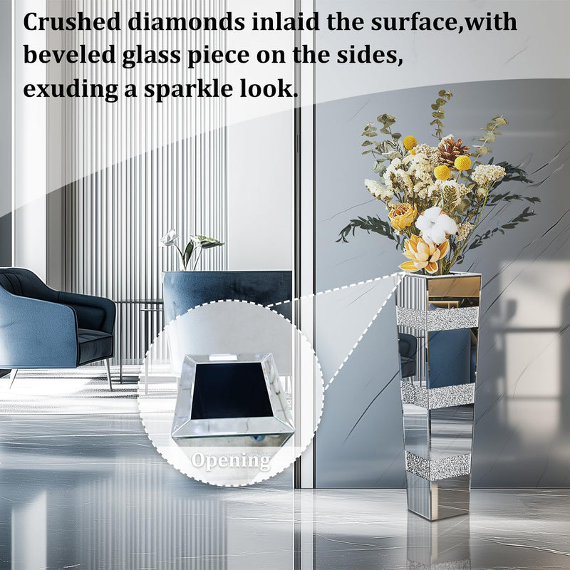 Tall Floor Vase Crushed Diamond : 71.5cm Silver Crystal Mirrored Flower Vase Tall for Large Dried Flowers, Pampas Grass - Modern Luxury Standing Flower Vases Decor for Living Room & Corners