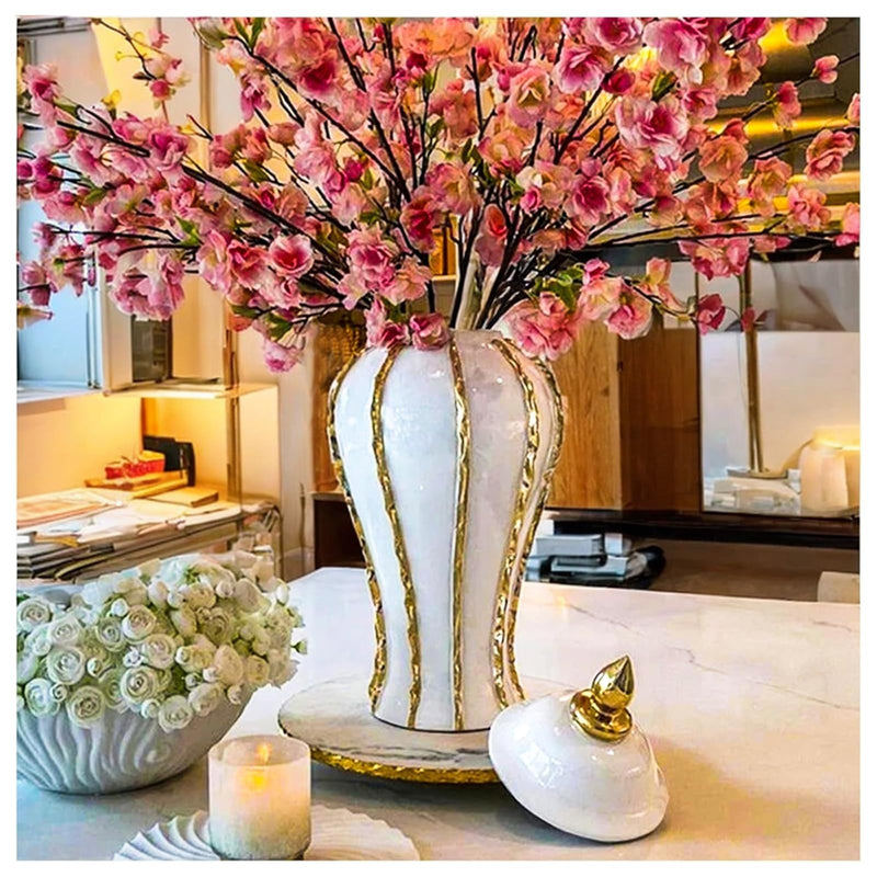 Ginger Jar, White Gold Ceramic Vase Large Handmade Porcelain Vases with Lid, White Gold Decorative Flower Vase for Home, Living Room, Weddings, Centerpieces (36cm)