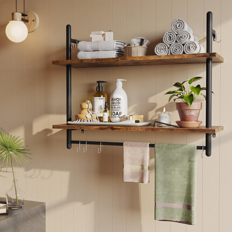 Bestier 3 Tier Floating Pipe Shelving 105.5CM Industrial Wall Mounted Ladder Shelf Hanging with Circular Tube with Hooks Wood Display Storage Home Decor Book Shelves