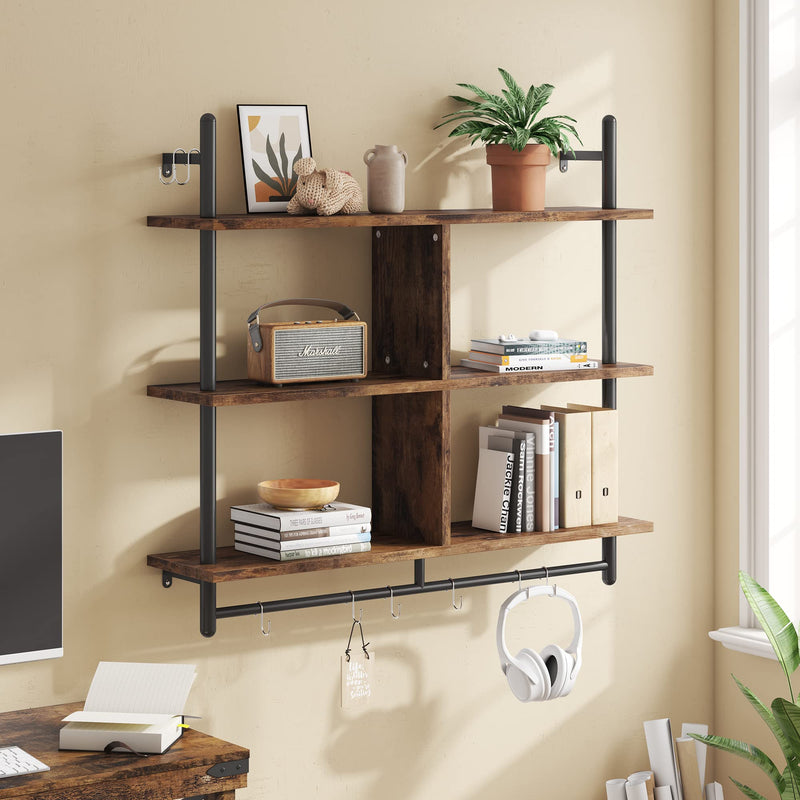 Bestier 3 Tier Floating Pipe Shelving 105.5CM Industrial Wall Mounted Ladder Shelf Hanging with Circular Tube with Hooks Wood Display Storage Home Decor Book Shelves