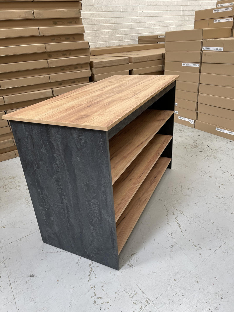Furneo Kitchen Island 04 – Modern Kitchen Island with Breakfast Bar and Shelves, Black Concrete & Oak Effect Finish