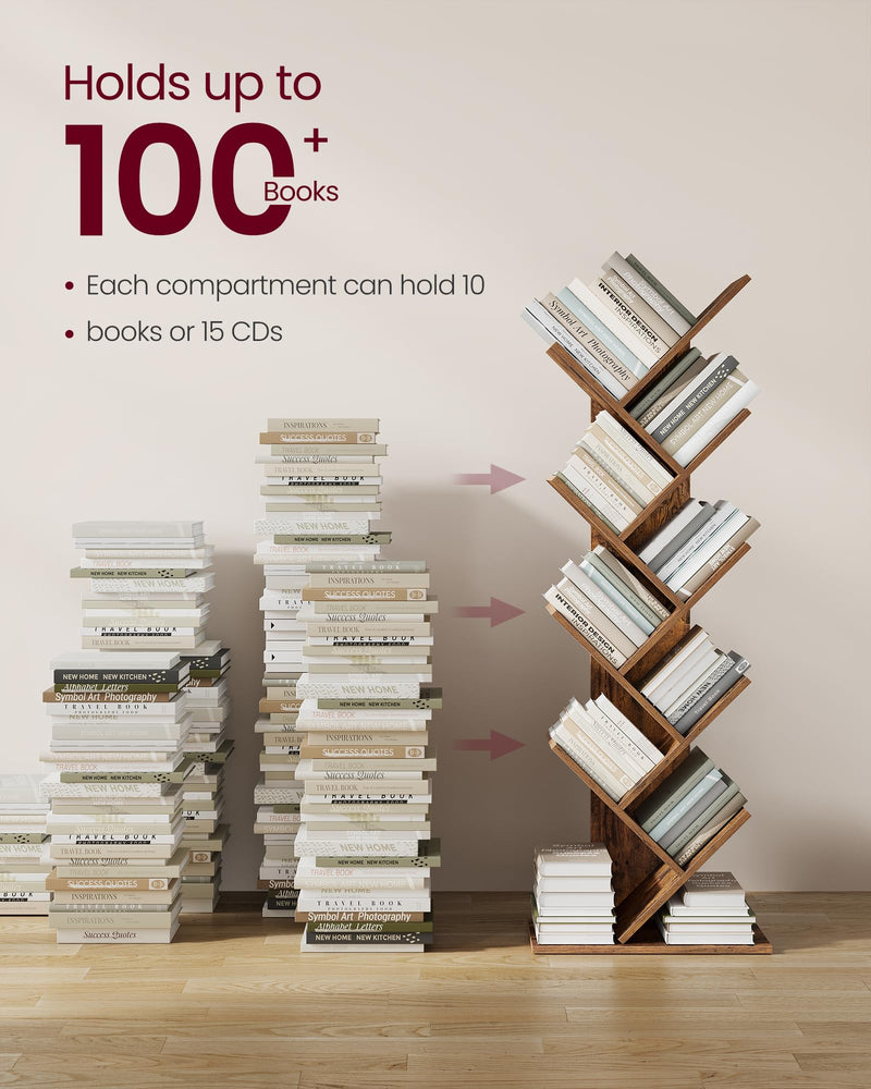 VASAGLE Tree Bookshelf, 5-Tier Floor Standing Bookcase, Space-Saving Corner Shelf, with Wooden Shelves for Bedroom, Living Room, Home Office, Rustic Brown LBC183X01