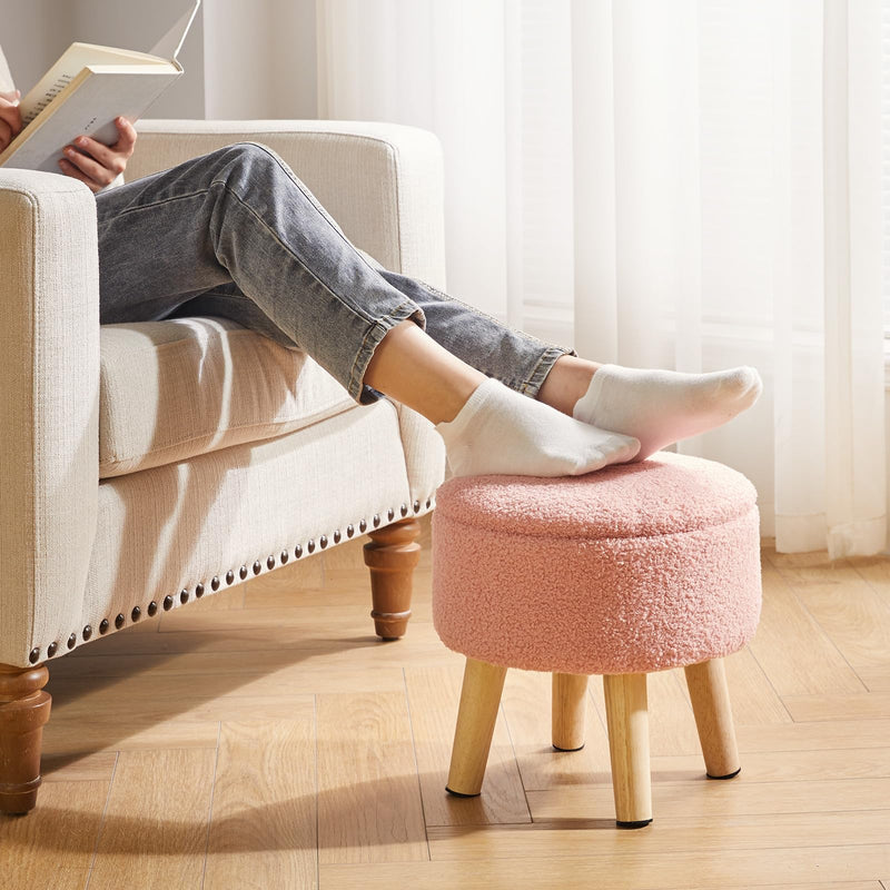 IBUYKE 13 Inch Small Footstool Ottoman with Storage, Round Pouffe Foot Rest with Padded Seat and Wood Legs, Teddy Velvet Mini Footstool for Living Room Couch Bedroom Entryway, Pink WBD006P
