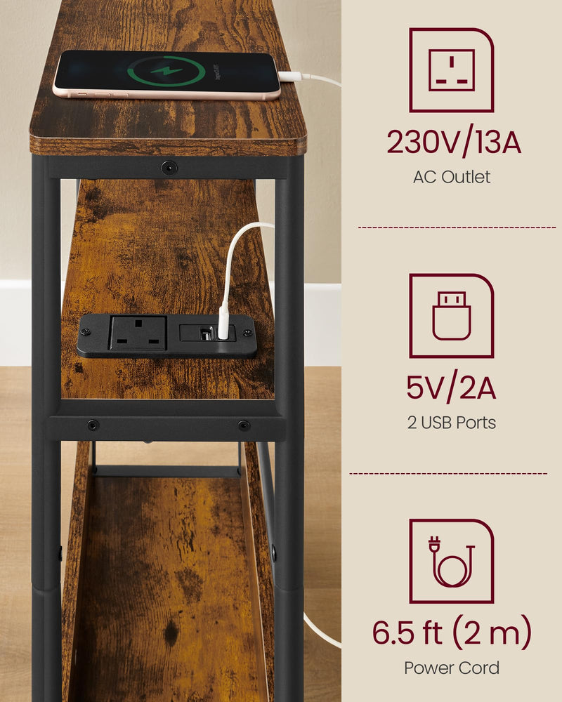 VASAGLE Slim Side Table with Charging Station, 3-Tier Narrow Bedside Table, End Table for Small Spaces, Magazine Rack, for Living Room, Bedroom, Study, Rustic Brown and Ink Black LET335K03
