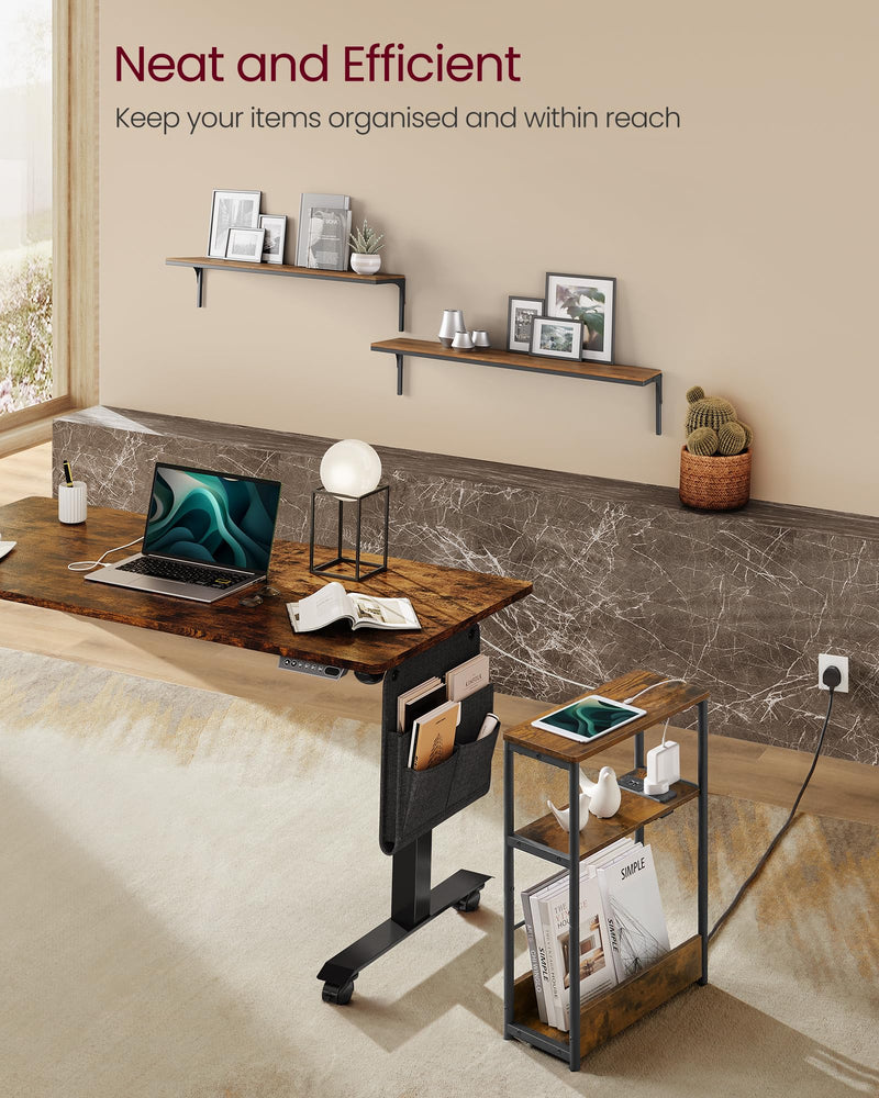 VASAGLE Slim Side Table with Charging Station, 3-Tier Narrow Bedside Table, End Table for Small Spaces, Magazine Rack, for Living Room, Bedroom, Study, Rustic Brown and Ink Black LET335K03