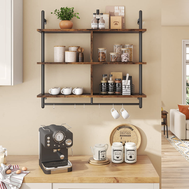 Bestier 3 Tier Floating Pipe Shelving 105.5CM Industrial Wall Mounted Ladder Shelf Hanging with Circular Tube with Hooks Wood Display Storage Home Decor Book Shelves