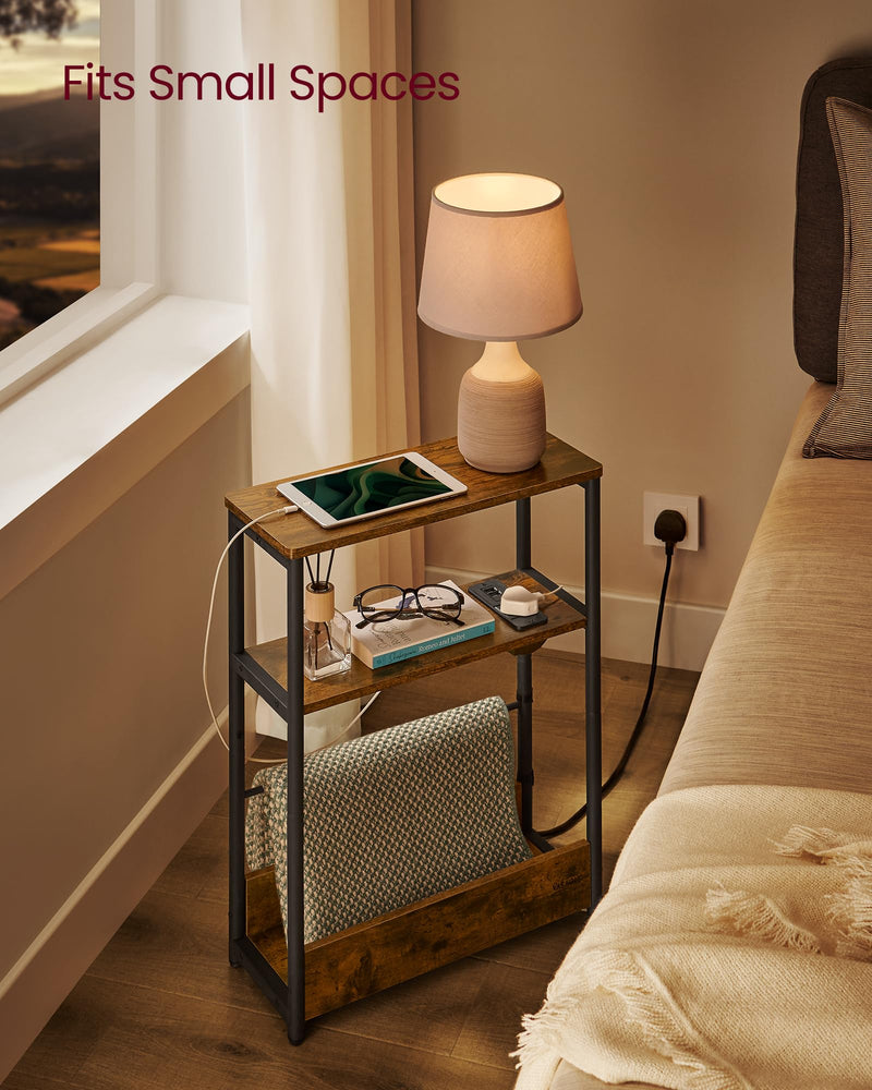 VASAGLE Slim Side Table with Charging Station, 3-Tier Narrow Bedside Table, End Table for Small Spaces, Magazine Rack, for Living Room, Bedroom, Study, Rustic Brown and Ink Black LET335K03