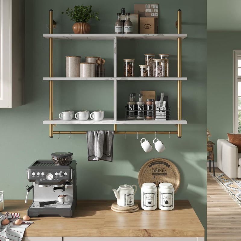 Bestier 3 Tier Floating Pipe Shelving 105.5CM Industrial Wall Mounted Ladder Shelf Hanging with Circular Tube with Hooks Wood Display Storage Home Decor Book Shelves