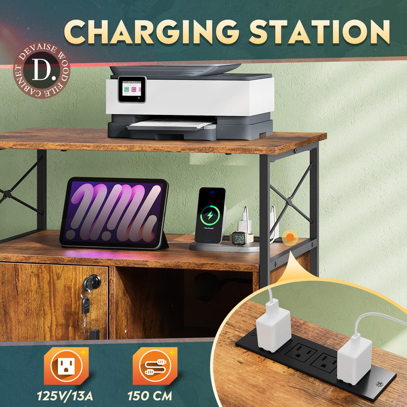 DEVAISE Mobile File Cabinet with Charging Station, Lockable Lateral for Home Office, Printer Cabinet Accommodates A4 Size File Folders, Rustic Brown