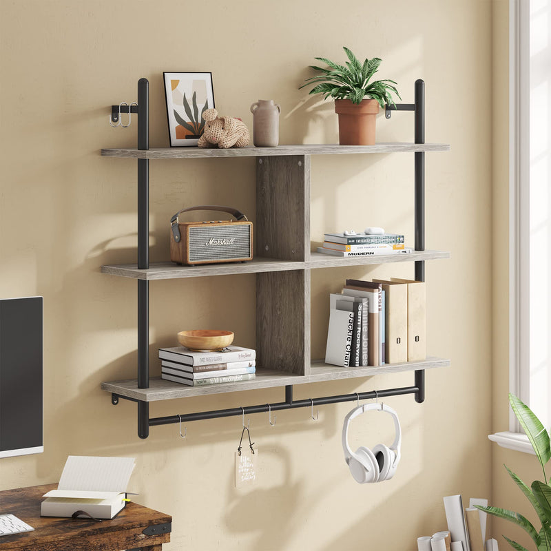 Bestier 3 Tier Floating Pipe Shelving 105.5CM Industrial Wall Mounted Ladder Shelf Hanging with Circular Tube with Hooks Wood Display Storage Home Decor Book Shelves