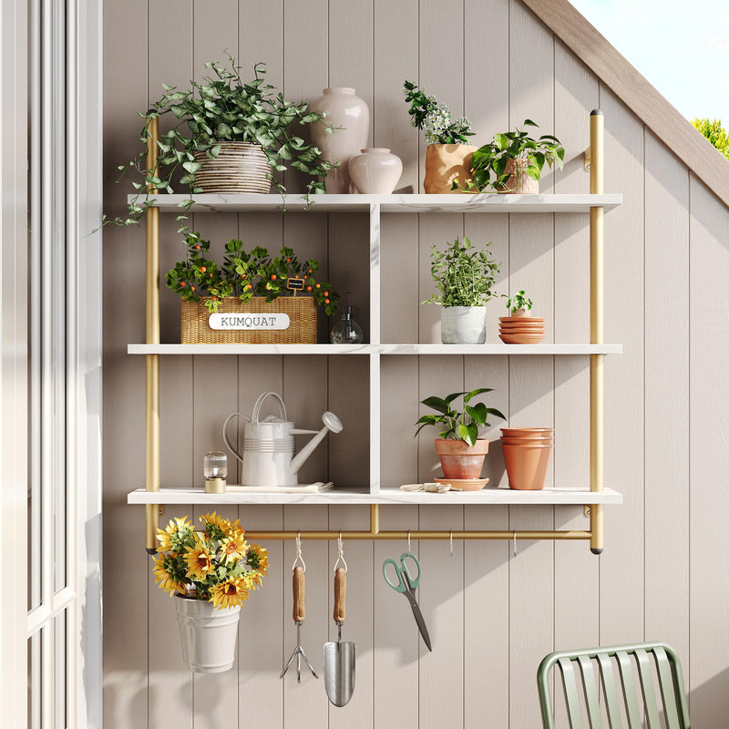Bestier 3 Tier Floating Pipe Shelving 105.5CM Industrial Wall Mounted Ladder Shelf Hanging with Circular Tube with Hooks Wood Display Storage Home Decor Book Shelves