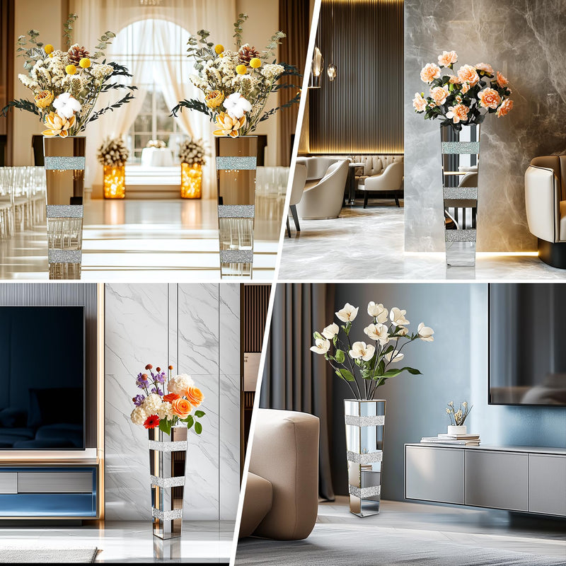 Tall Floor Vase Crushed Diamond : 71.5cm Silver Crystal Mirrored Flower Vase Tall for Large Dried Flowers, Pampas Grass - Modern Luxury Standing Flower Vases Decor for Living Room & Corners
