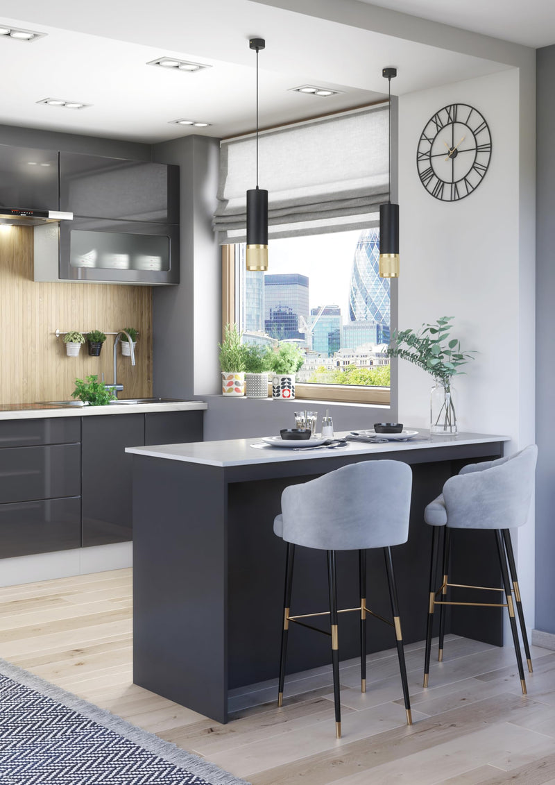 Furneo Kitchen Island 04 – Modern Kitchen Island with Breakfast Bar and Shelves, Black Concrete & Oak Effect Finish