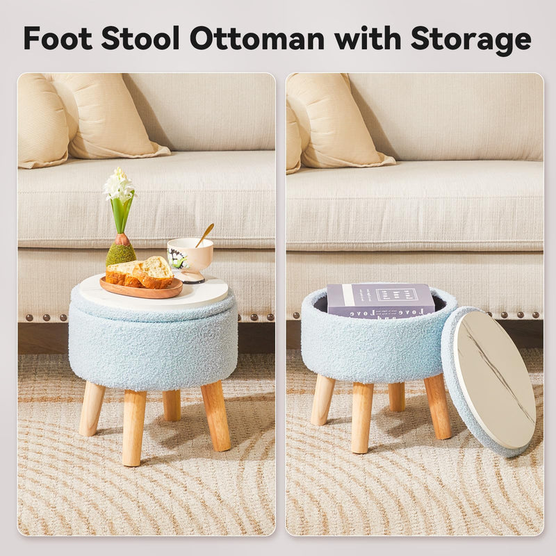 IBUYKE 13 Inch Small Footstool Ottoman with Storage, Round Pouffe Foot Rest with Padded Seat and Wood Legs, Teddy Velvet Mini Footstool for Living Room Couch Bedroom Entryway, Pink WBD006P