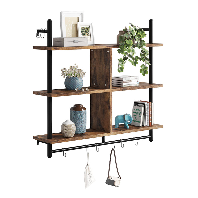 Bestier 3 Tier Floating Pipe Shelving 105.5CM Industrial Wall Mounted Ladder Shelf Hanging with Circular Tube with Hooks Wood Display Storage Home Decor Book Shelves