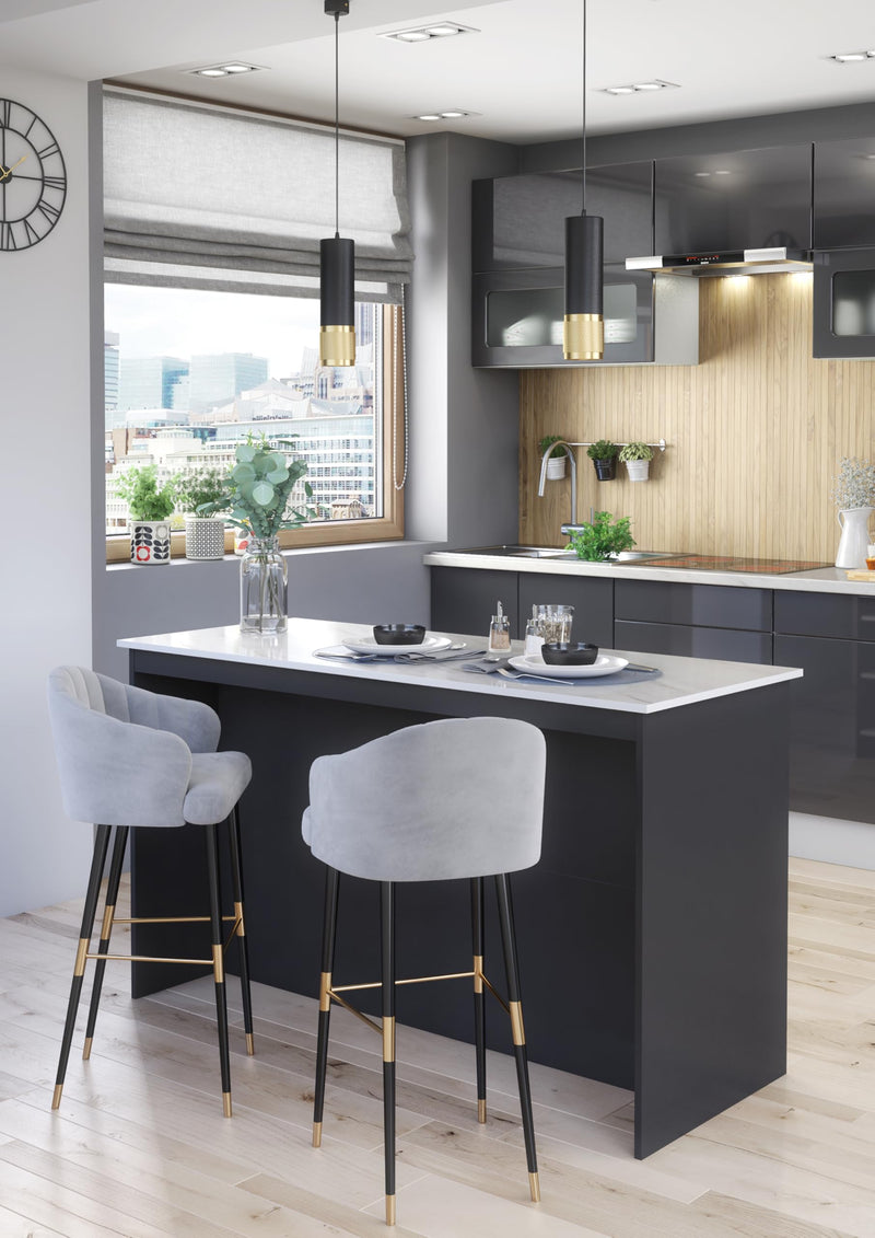 Furneo Kitchen Island 04 – Modern Kitchen Island with Breakfast Bar and Shelves, Black Concrete & Oak Effect Finish
