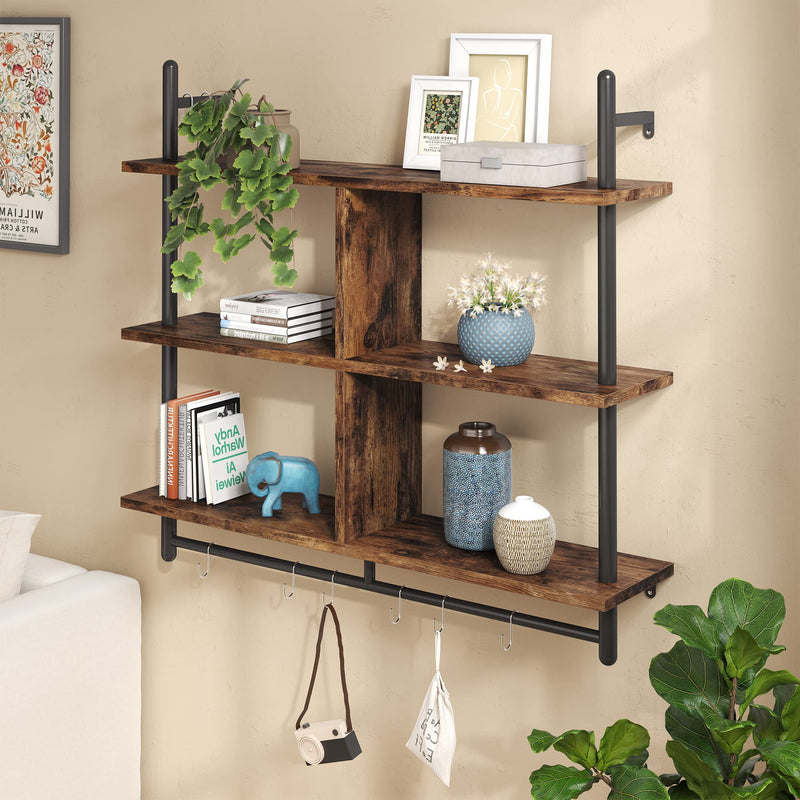 Bestier 3 Tier Floating Pipe Shelving 105.5CM Industrial Wall Mounted Ladder Shelf Hanging with Circular Tube with Hooks Wood Display Storage Home Decor Book Shelves