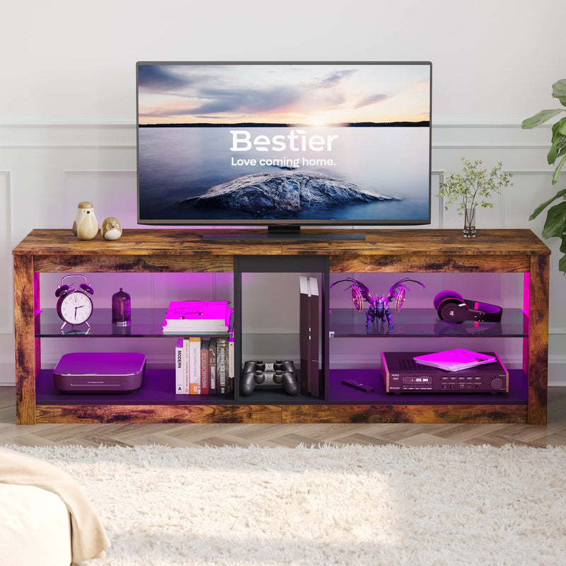 Bestier TV Stand Cabinet 140CM Entertainment Center Led Tv Stand Modern TV Unit with Glass Shelf RGB LED Lighted for 55 inch TVs with Ambient Lights for Living Room Bedroom (Rustic Brown)