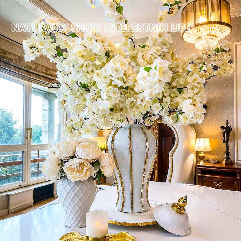 Ginger Jar, White Gold Ceramic Vase Large Handmade Porcelain Vases with Lid, White Gold Decorative Flower Vase for Home, Living Room, Weddings, Centerpieces (36cm)