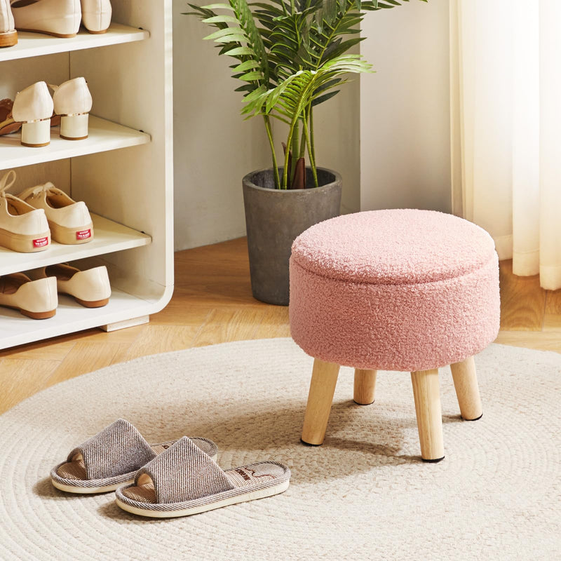 IBUYKE 13 Inch Small Footstool Ottoman with Storage, Round Pouffe Foot Rest with Padded Seat and Wood Legs, Teddy Velvet Mini Footstool for Living Room Couch Bedroom Entryway, Pink WBD006P