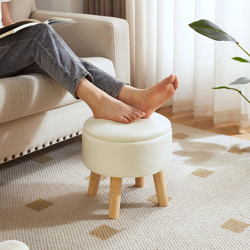IBUYKE 13 Inch Small Footstool Ottoman with Storage, Round Pouffe Foot Rest with Padded Seat and Wood Legs, Teddy Velvet Mini Footstool for Living Room Couch Bedroom Entryway, Pink WBD006P