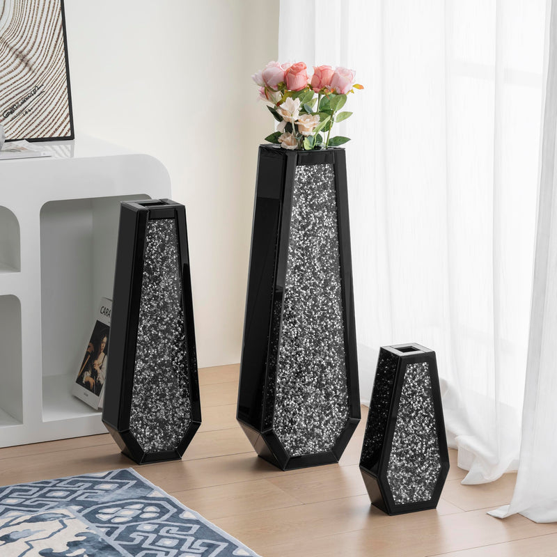 SHYFOY Large Tall Floor Vase, 76cm Indoor Modern Tall Vases Silver with Crystal Diamond and Mirror Design for Living Room Floor Decoration, Black