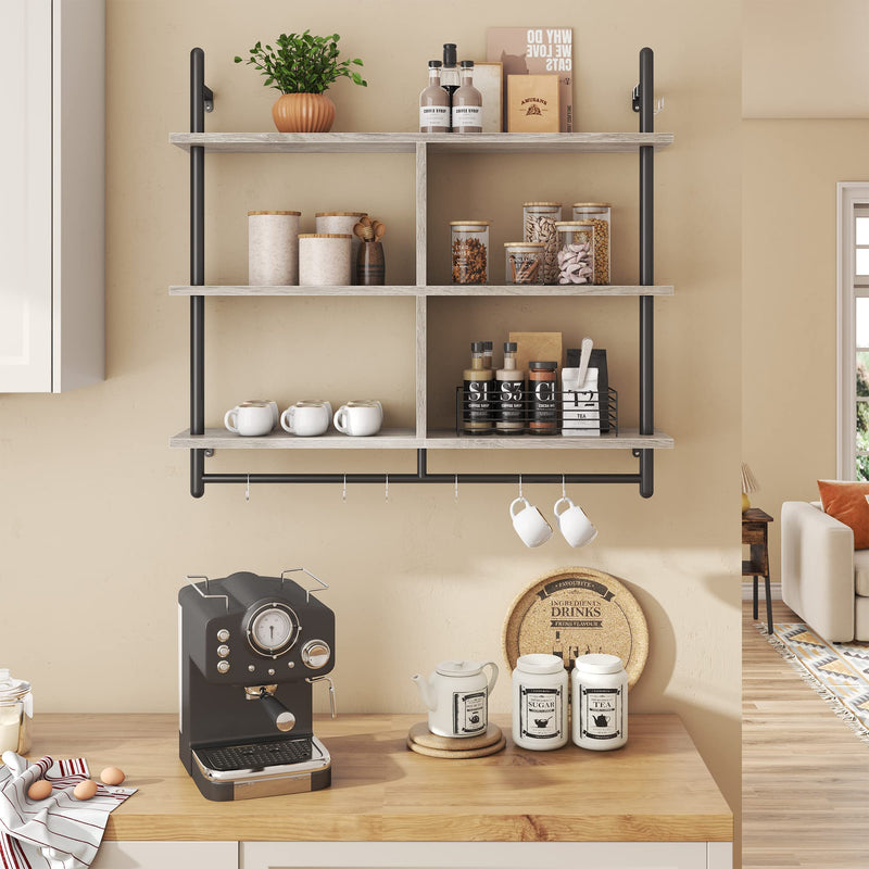 Bestier 3 Tier Floating Pipe Shelving 105.5CM Industrial Wall Mounted Ladder Shelf Hanging with Circular Tube with Hooks Wood Display Storage Home Decor Book Shelves