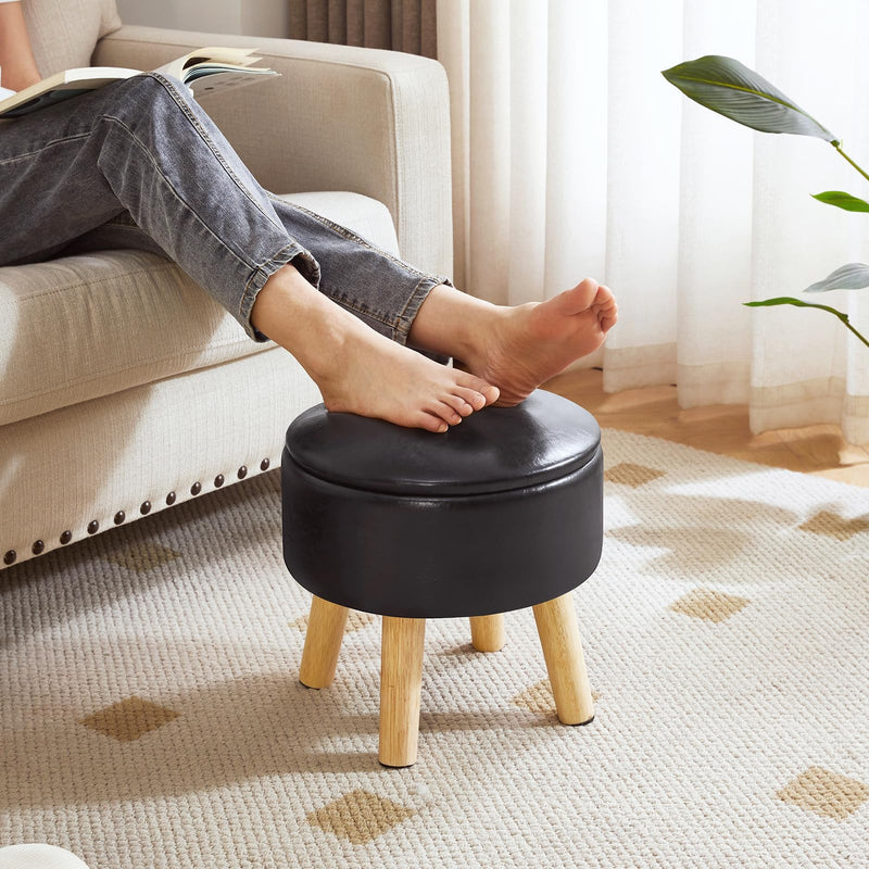 IBUYKE 13 Inch Small Footstool Ottoman with Storage, Round Pouffe Foot Rest with Padded Seat and Wood Legs, Teddy Velvet Mini Footstool for Living Room Couch Bedroom Entryway, Pink WBD006P