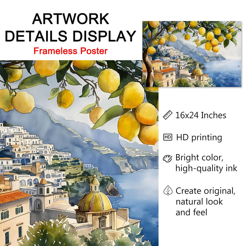 Lemon Tree Canvas Wall Art Beach Landscape Painting Italian Coastal Wall Art Vintage Lemon Art Print Italian Beach Picture Seaside Artwork for Walls Italy Amalfi Coast Wall Art 16x24inch No Frame