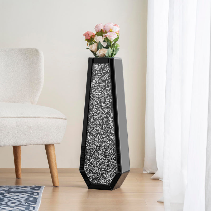 SHYFOY Large Tall Floor Vase, 76cm Indoor Modern Tall Vases Silver with Crystal Diamond and Mirror Design for Living Room Floor Decoration, Black