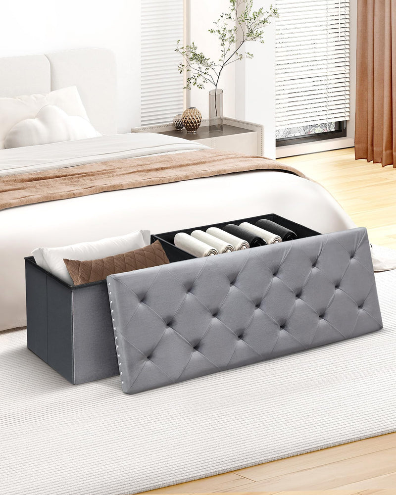 Bonlife Velvet Ottoman with Storage, Extra Large Storage Boxes with Lids, Folding Ottoman Bench Seat, Footstool for Living Room,110X40X40cm