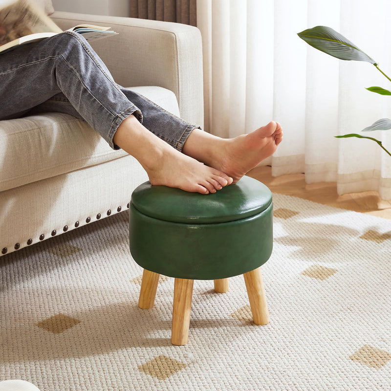 IBUYKE 13 Inch Small Footstool Ottoman with Storage, Round Pouffe Foot Rest with Padded Seat and Wood Legs, Teddy Velvet Mini Footstool for Living Room Couch Bedroom Entryway, Pink WBD006P