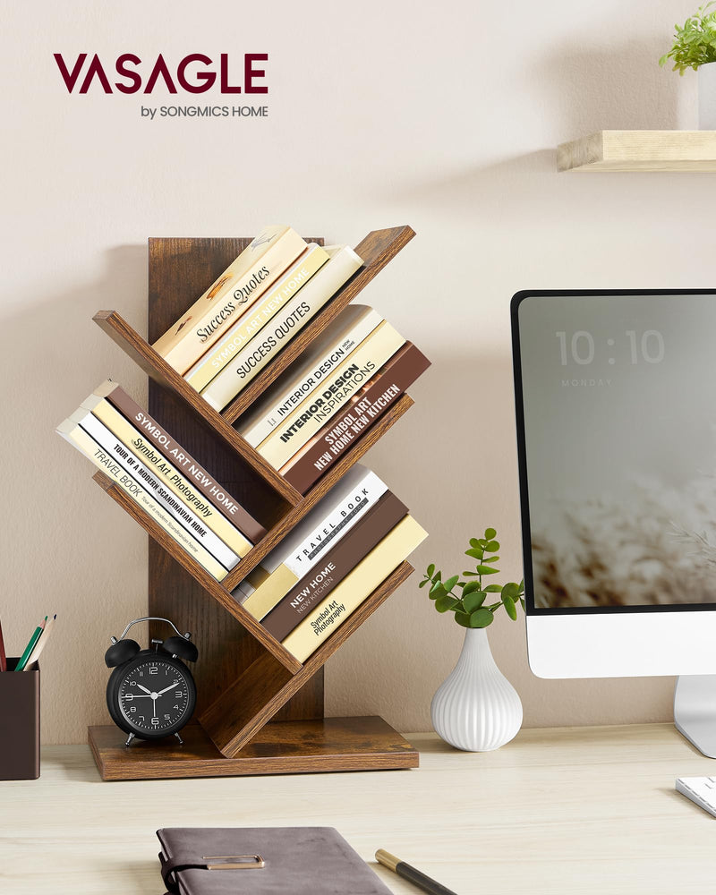 VASAGLE Tree Bookshelf, 5-Tier Floor Standing Bookcase, Space-Saving Corner Shelf, with Wooden Shelves for Bedroom, Living Room, Home Office, Rustic Brown LBC183X01