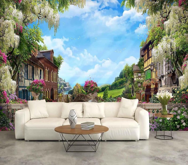 FENDROM Nature Flora Tapestry King Size background, Blue Sky White Cloud Village Small Town by European Pastoral Scenery, Wall Hanging for Bedroom Living room