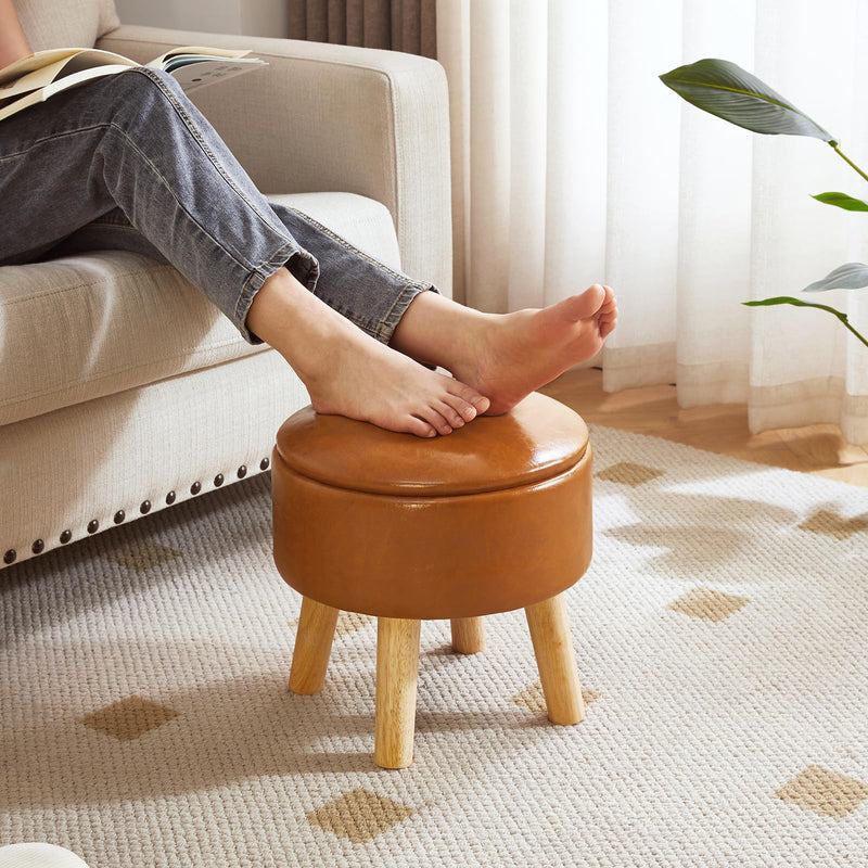 IBUYKE 13 Inch Small Footstool Ottoman with Storage, Round Pouffe Foot Rest with Padded Seat and Wood Legs, Teddy Velvet Mini Footstool for Living Room Couch Bedroom Entryway, Pink WBD006P