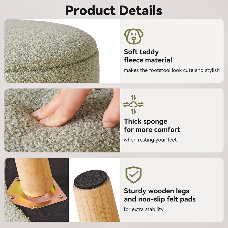 IBUYKE 13 Inch Small Footstool Ottoman with Storage, Round Pouffe Foot Rest with Padded Seat and Wood Legs, Teddy Velvet Mini Footstool for Living Room Couch Bedroom Entryway, Pink WBD006P